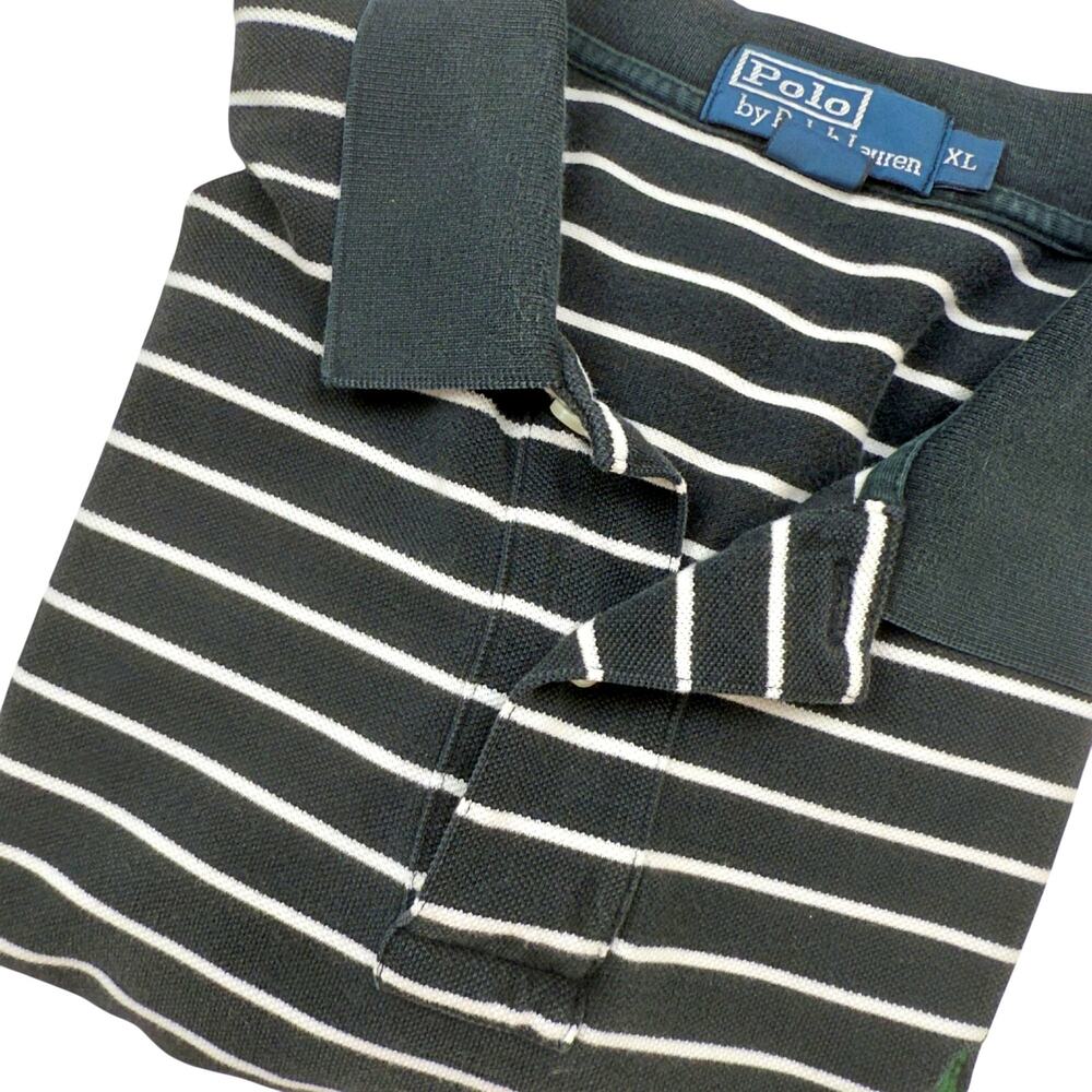 Polo Ralph Lauren Black Striped Green Pony Pique Cotton Polo Shirt XL Preppy
